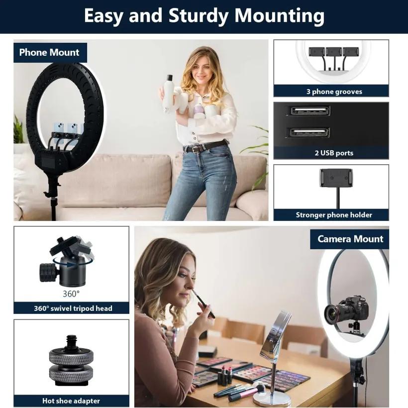 رینگ لایت بیوا مدل RL-03 65W LED Soft Ring Light سایز 21 اینچ با سه پایه و 3 هولدر image gallery