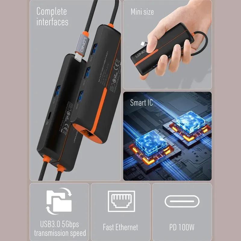 هاب 6 پورت تایپ سی الدینیو مدل 6in1 Type-c Hub Adapter DS-26U توان 100 وات image gallery