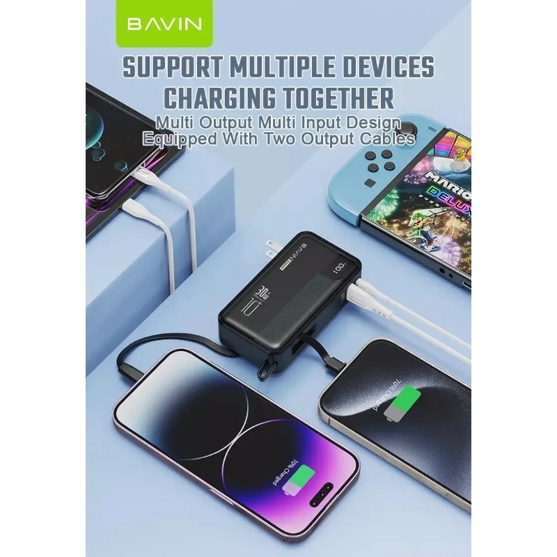 پاوربانک 10000 باوین مدل PC018S توان 30 وات همراه با کابل و دو شاخه متصل image gallery