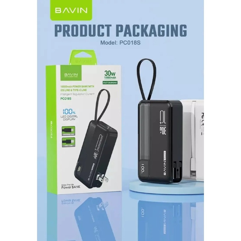 پاوربانک 10000 باوین مدل PC018S توان 30 وات همراه با کابل و دو شاخه متصل image gallery