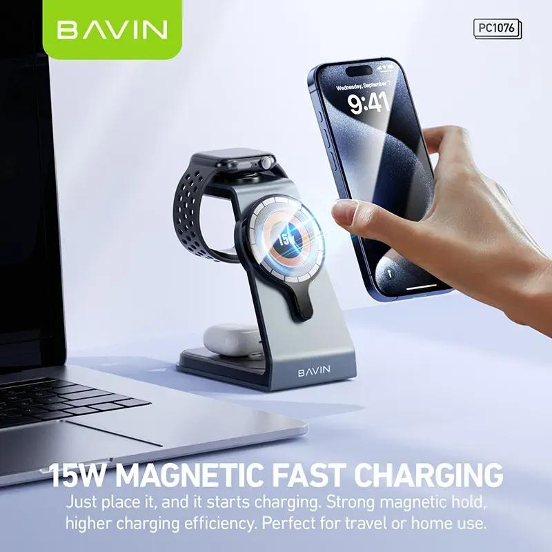استند و شارژر وایرلس چندکاره مگ سیف باوین مدل PC1076 3in1 توان 15 وات با قابلیت شارژ اپل واچ image gallery