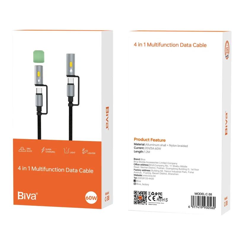 کابل Type-C به Type-C چندکاره بیوا مدل C-38 4 in 1 Multifunction Data Cable طول 1.2 متر توان 60 وات image gallery
