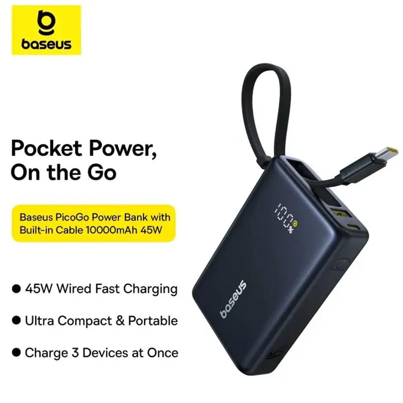 پاوربانک باسئوس مدل Picogo P10076803123 ظرفیت 10000mAh توان 45 وات همراه با کابل متصل image gallery