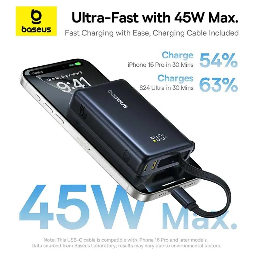 پاوربانک باسئوس مدل Picogo P10076803123 ظرفیت 10000mAh توان 45 وات همراه با کابل متصل image gallery