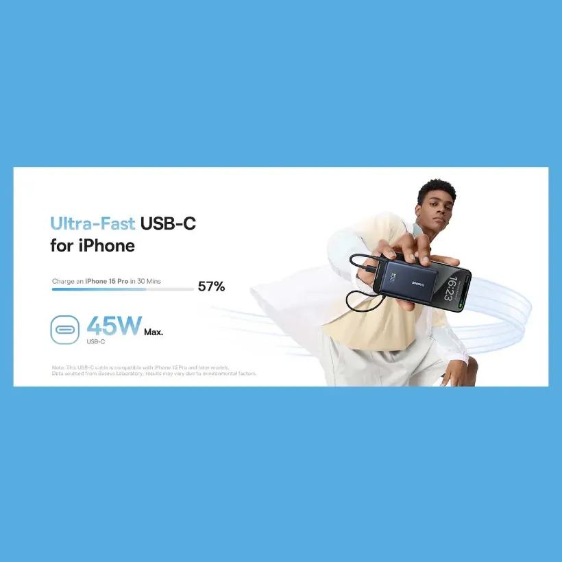 پاوربانک باسئوس مدل Picogo P10076803123 ظرفیت 10000mAh توان 45 وات همراه با کابل متصل image gallery