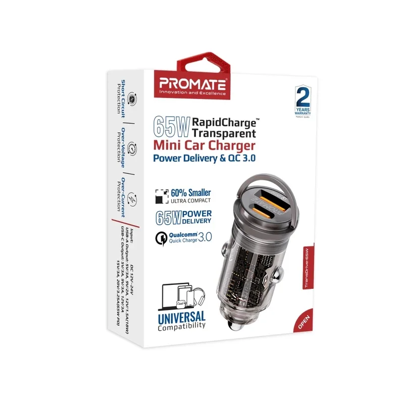 شارژر فندکی 65 وات پرومیت مدل TRANSDRIVE-65W با دو پورت USB-C و USB-A image gallery