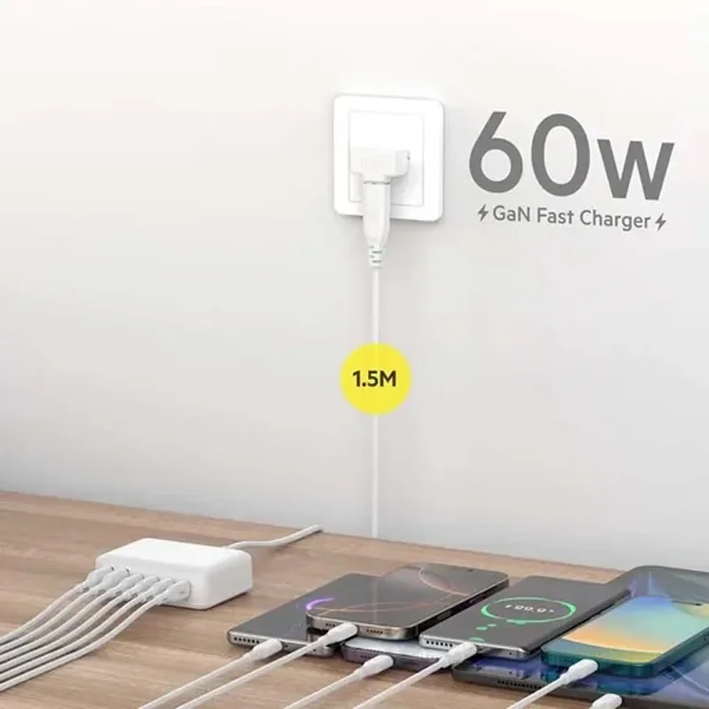 شارژر دیواری 60 وات بودی مدل Budi AC318EW با چهار خروجی USB-C و دو خروجی USB به همراه کابل 1.5 متری - سفید image gallery