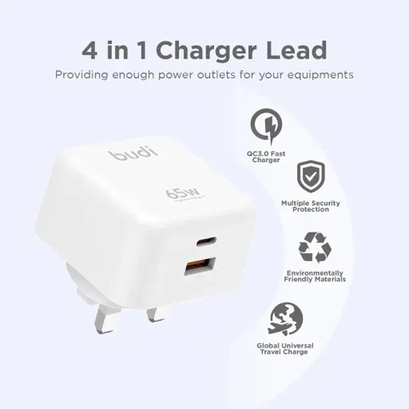 شارژر دیواری 65 وات بودی مدل Budi AC320UW سه پین با یک خروجی USB و یک خروجی USB-C - سفید image gallery