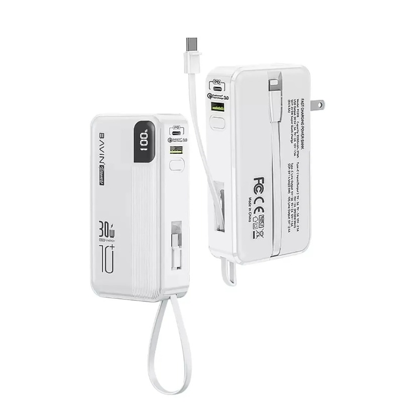 پاوربانک 10000 باوین مدل PC018S توان 30 وات همراه با کابل و دو شاخه متصل