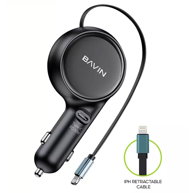 شارژر فندکی فست شارژ باوین مدل PC2022 Universal توان 60 وات همراه با کابل متصل جمع‌شونده