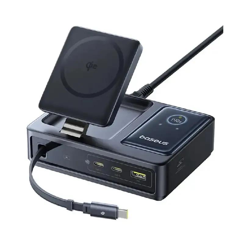 هاب شارژر 3 پورت و شارژر وایرلس بیسوس مدل P10170901123 Nomos Qi2 CCNMS140 توان 140 وات