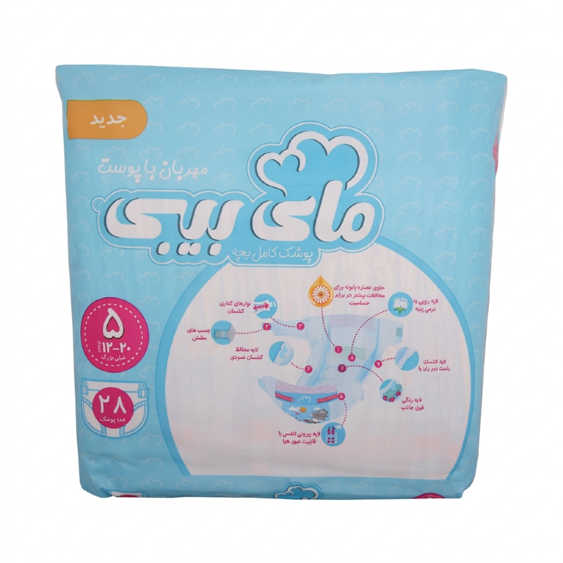 پوشک مای بیبی آبی سری مهربان با پوست مدل دوبل  سایز 5 بسته 28 عددی (کارتن 6 بسته‌ای)