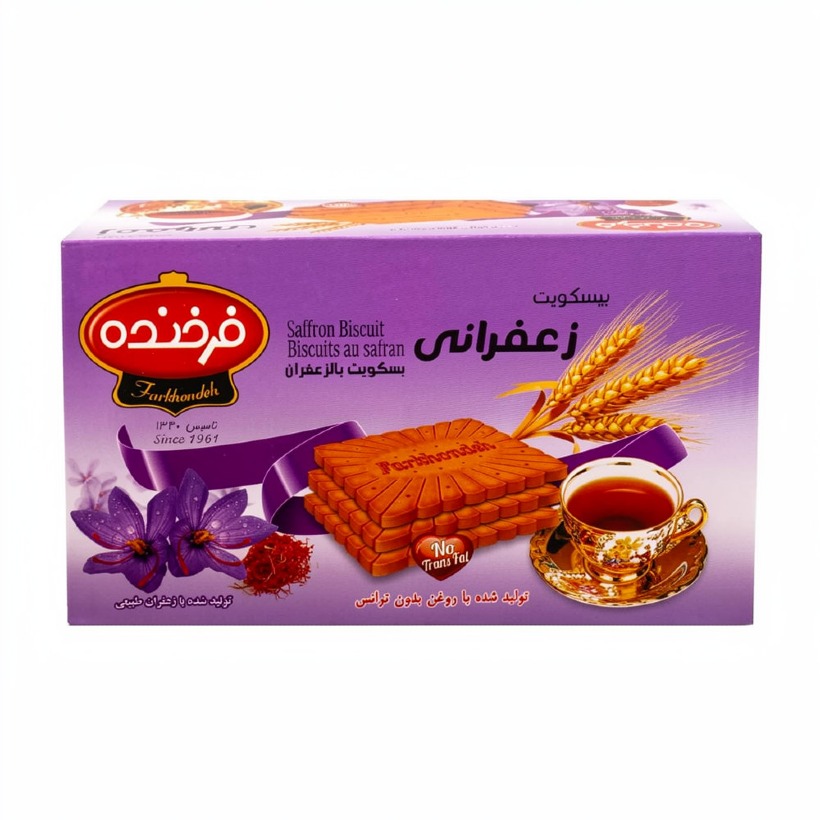 بیسکویت پذیرایی فرخنده مدل زعفرانی وزن 850 گرمی (کارتن 6 جعبه‌ای)