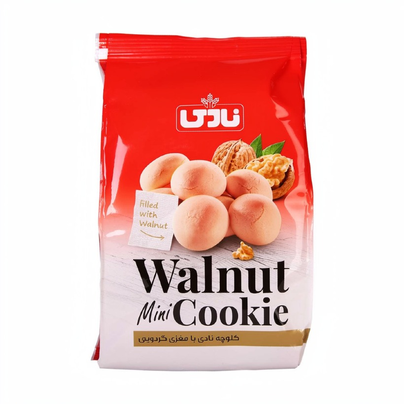 مینی کوکی مغزدار گردویی نادی وزن 110 گرمی (کارتن 12 بسته‌ای)