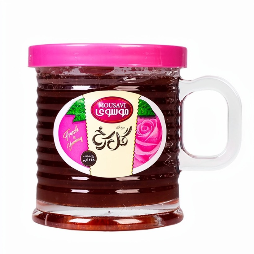 مربا گل سرخ موسوی طرح لیوانی ویکتوریا وزن 245 گرمی (کارتن 12 عددی)