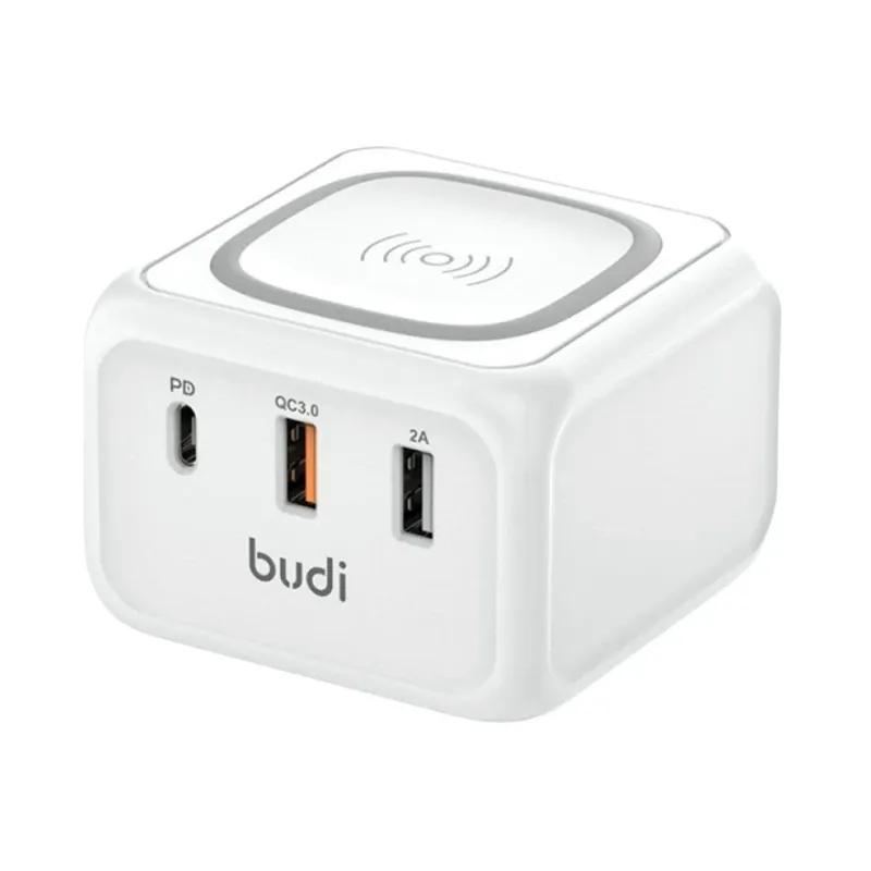 شارژر دیواری 36 وات بودی مدل Budi M8J317WU سه پین با دو خروجی USB، یک خروجی USB-C و یک خروجی شارژ بی سیم - سفید