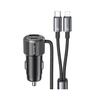 شارژر فندکی یوسمز مدل USAMS CC287 A+C Dual-port Car Charger C+L 2in1 Cable توان 66 وات