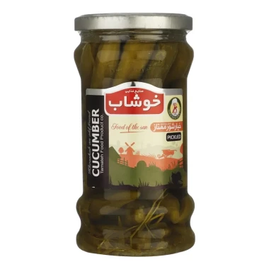 خیارشور ممتاز خوشاب ظرف شیشه ای وزن 590 گرمی (بسته 6 عددی)