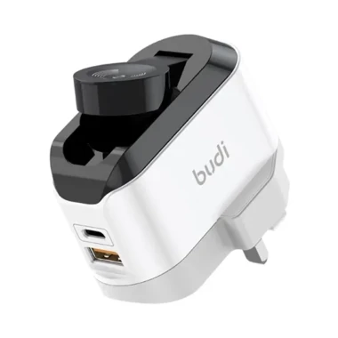 شارژر دیواری 20 وات بودی مدل Budi AC330WUW سه پین با یک خروجی USB، یک خروجی USB-C و یک خروجی شارژ بی سیم ساعت- سفید