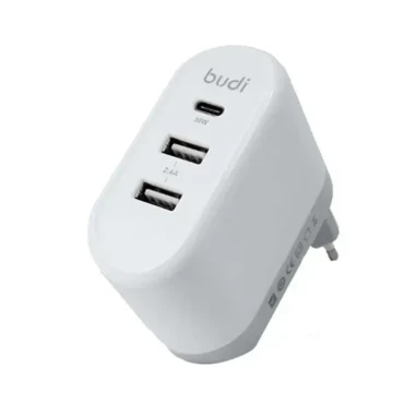 شارژر دیواری 42 وات بودی مدل Budi AC028TE دو پین با دو خروجی USB و یک خروجی USB-C و سری قابل چرخش - سفید