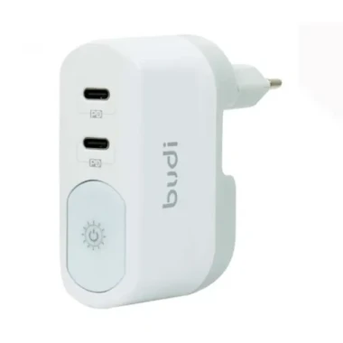 شارژر دیواری 40 وات بودی مدل Budi AC326DEW دو پین با دو خروجی USB-C، نورپردازی و سری قابل چرخش - سفید