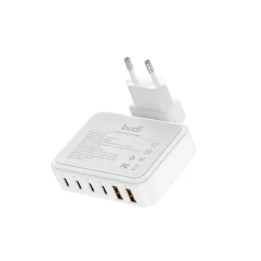 شارژر دیواری 60 وات بودی مدل Budi AC318EW با چهار خروجی USB-C و دو خروجی USB به همراه کابل 1.5 متری - سفید