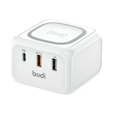شارژر دیواری 36 وات بودی مدل Budi M8J317WU سه پین با دو خروجی USB، یک خروجی USB-C و یک خروجی شارژ بی سیم - سفید
