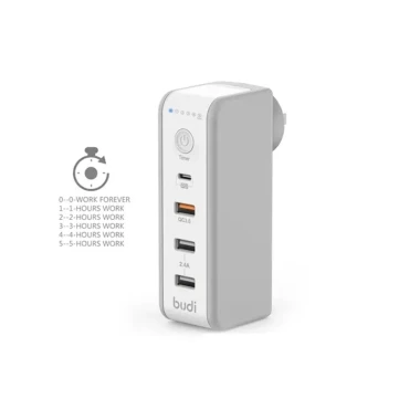شارژر دیواری 48 وات بودی مدل Budi AC301TUW50 سه پین تایمردار با سه خروجی USB، یک خروجی USB-C و سری قابل چرخش - سفید