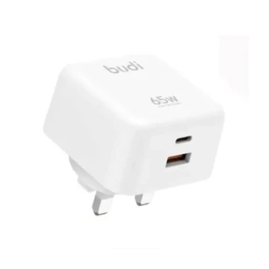 شارژر دیواری 65 وات بودی مدل Budi AC320UW سه پین با یک خروجی USB و یک خروجی USB-C - سفید