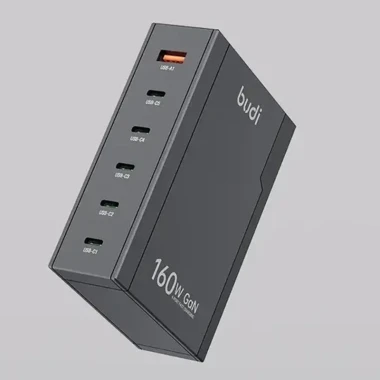 شارژر دیواری 160 وات بودی مدل Budi AC350 با 5 خروجی USB-C و یک خروجی USB دارای سری های مختلف اتصال به پریز - مشکی