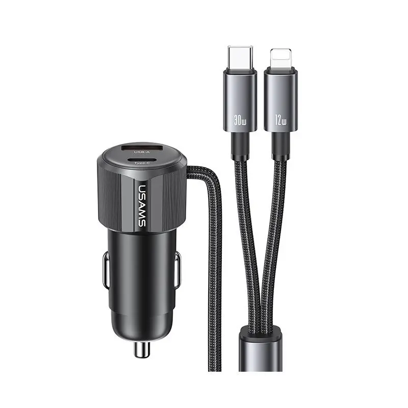 شارژر فندکی یوسمز مدل USAMS CC287 A+C Dual-port Car Charger C+L 2in1 Cable توان 66 وات