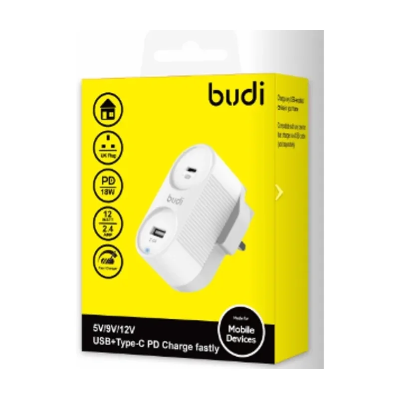 شارژر دیواری 30 وات بودی مدل Budi AC325TUW01 سه پین با یک خروجی USB و یک خروجی USB-C - سفید