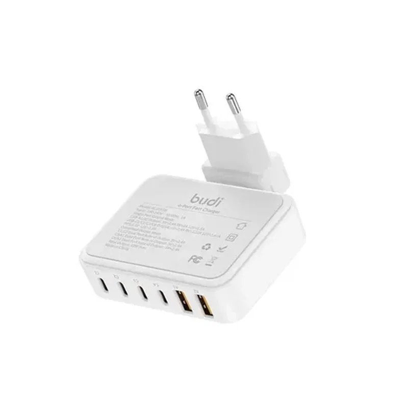 شارژر دیواری 60 وات بودی مدل Budi AC318EW با چهار خروجی USB-C و دو خروجی USB به همراه کابل 1.5 متری - سفید