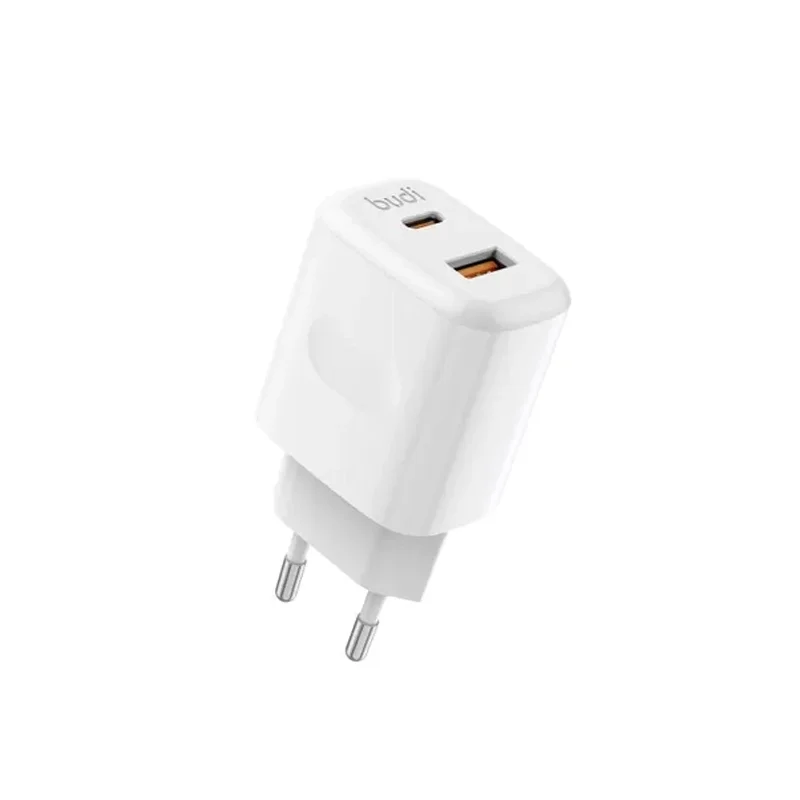 شارژر دیواری 30 وات بودی مدل Budi AC306ETLW دو پین با یک خروجی USB و یک خروجی USB-C به همراه کابل 27 وات USB-C به لایتنینگ به طول 1.2 متر - سفید