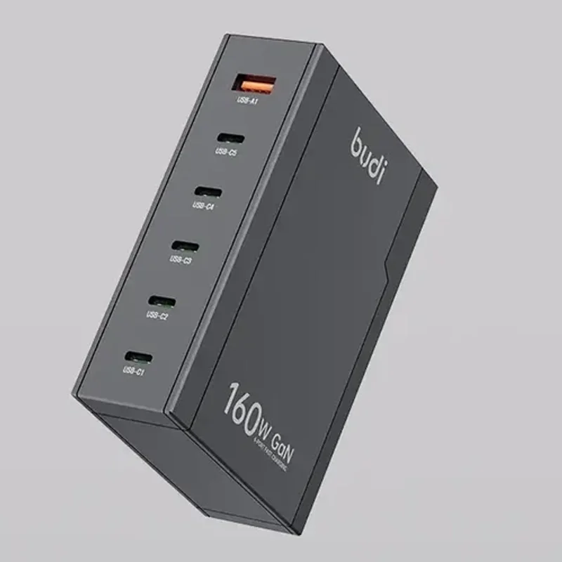 شارژر دیواری 160 وات بودی مدل Budi AC350 با 5 خروجی USB-C و یک خروجی USB دارای سری های مختلف اتصال به پریز - مشکی